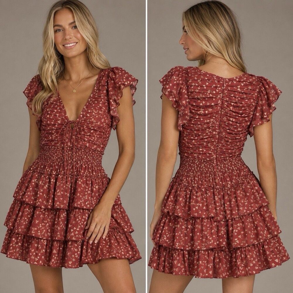 Anthropologie Red Gold Metallic Tiered Ruffle Mini Dress NWT Small